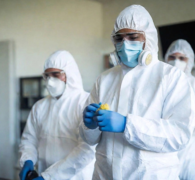 Three people wearing biohazard suits