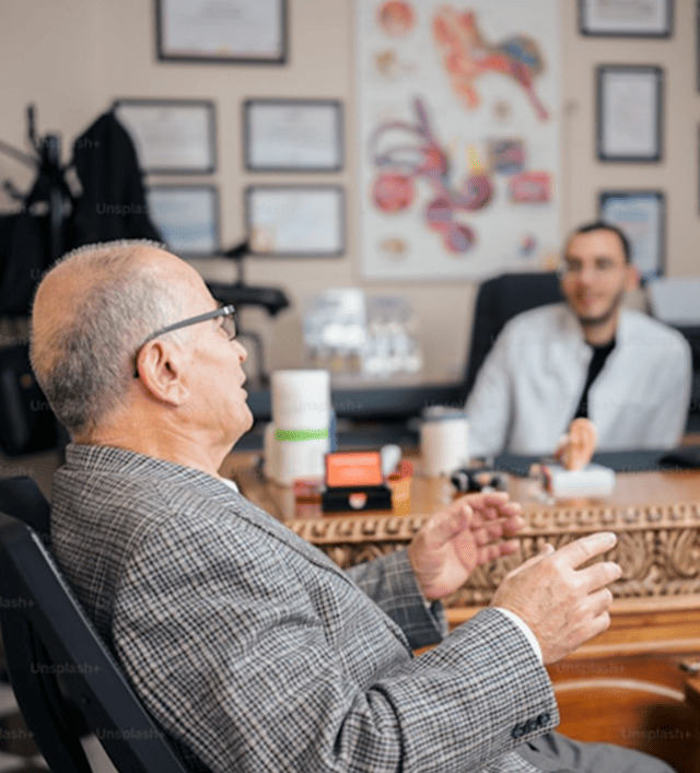 Older man seated in a chair, speaking and gesturing with his hands