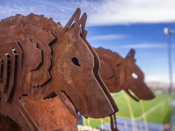 Two bronze statue of wolves overlook the Sala Intramural fields on the University of Nevada, Reno campus.