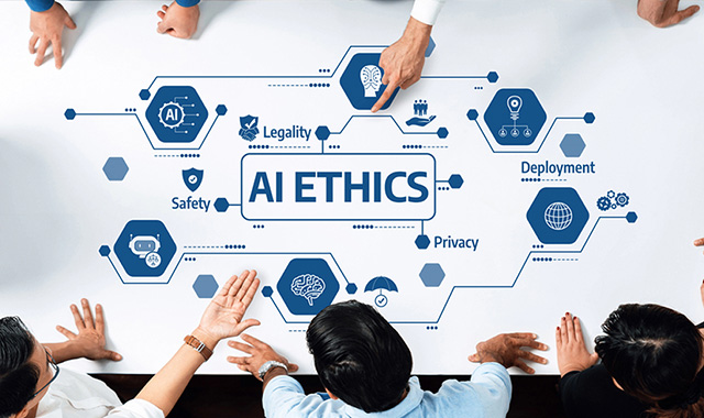 An overhead view of a team looking at an "AI ETHICS" mind map on a whiteboard with icons for safety, legality, and privacy.